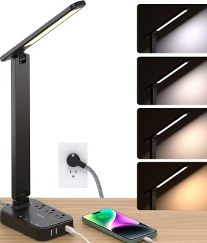 Addtam LED Desk Lamp, Power Strip with 3 Outlets 4 USB Charging Ports(2 USBC), 4 Modes 5 Level Brightness Touch Lamp, Small Desk Lamp for Home Office College Dorm Room Essentials