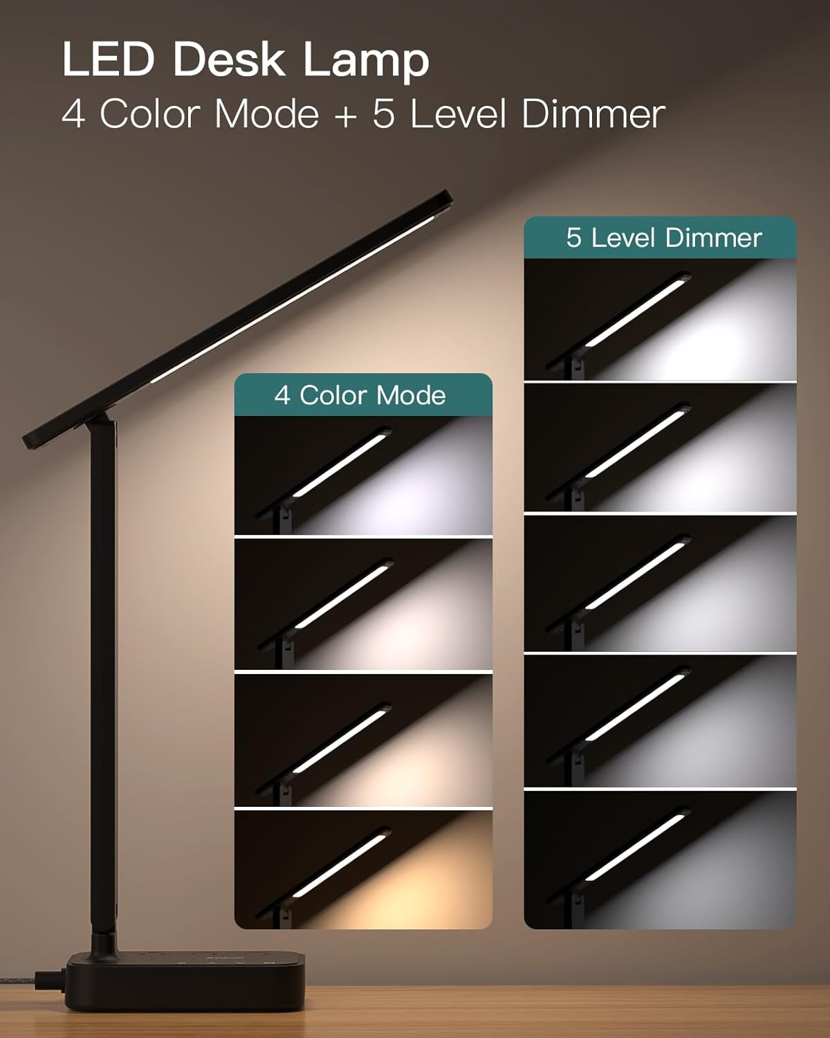 Addtam LED Desk Lamp, Power Strip with 3 Outlets 4 USB Charging Ports(2 USBC), 4 Modes 5 Level Brightness Touch Lamp, Small Desk Lamp for Home Office College Dorm Room Essentials - Image 3