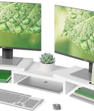 BONTEC Dual Monitor Stand Riser with Smartphone Holder, Adjustable Length & Swivel Angle, Ergonomic Wooden Desktop Organizer for PC Monitor, Laptop, Printer, Large Storage, White