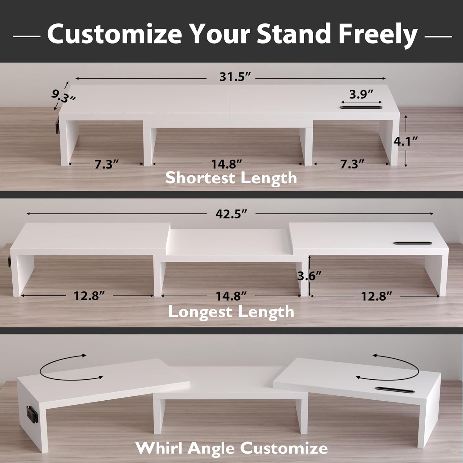 BONTEC Dual Monitor Stand Riser with Smartphone Holder, Adjustable Length & Swivel Angle, Ergonomic Wooden Desktop Organizer for PC Monitor, Laptop, Printer, Large Storage, White - Image 3