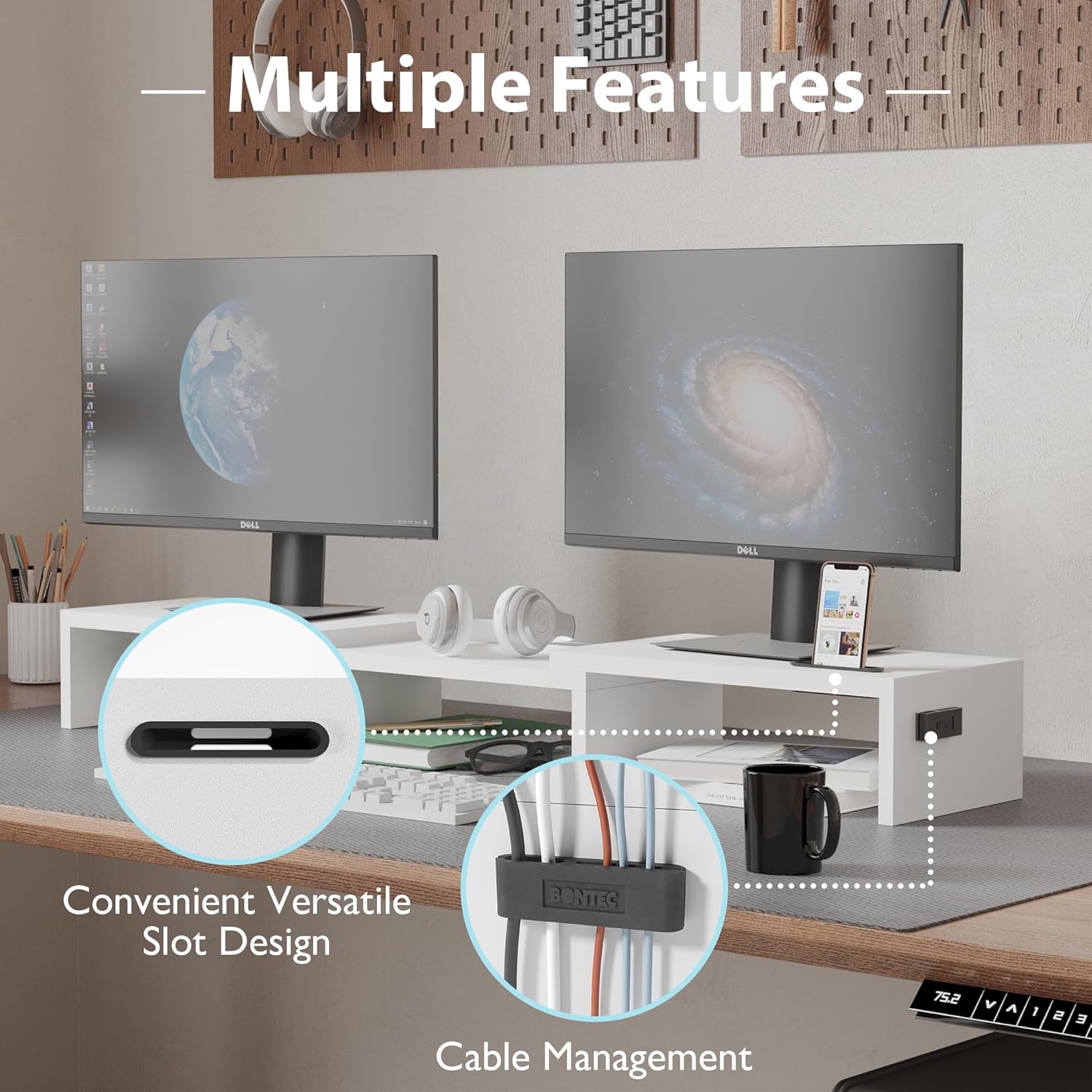 BONTEC Dual Monitor Stand Riser with Smartphone Holder, Adjustable Length & Swivel Angle, Ergonomic Wooden Desktop Organizer for PC Monitor, Laptop, Printer, Large Storage, White - Image 5