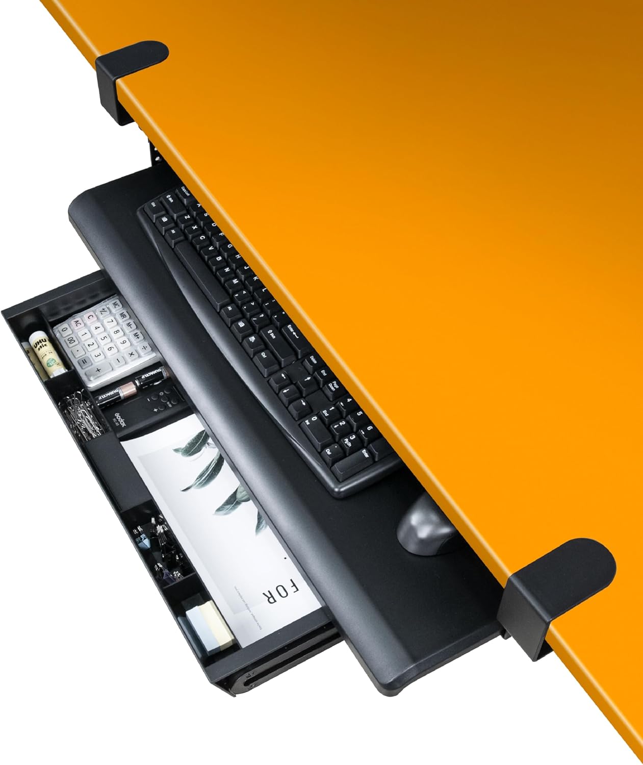 Keyboard Tray with Drawer - Clamp On Under Desk Pull Out Extender Table Attachment Platform with Storage Organizer, Large 27.5" (31.8" Including Clamps) x 12.2", Height Adjustable for Home Office