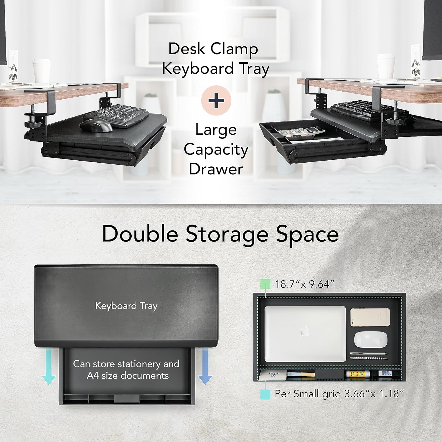 Keyboard Tray with Drawer - Clamp On Under Desk Pull Out Extender Table Attachment Platform with Storage Organizer, Large 27.5" (31.8" Including Clamps) x 12.2", Height Adjustable for Home Office - Image 4