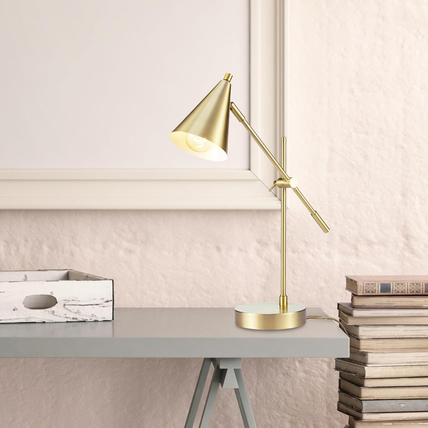 GLOBE Electric Novogratz x Tacoma 18" Desk Lamp, Matte Brass, Adjustable Height, Balance Arm, Brass, Rotary Switch on Shade,52887 - Image 4
