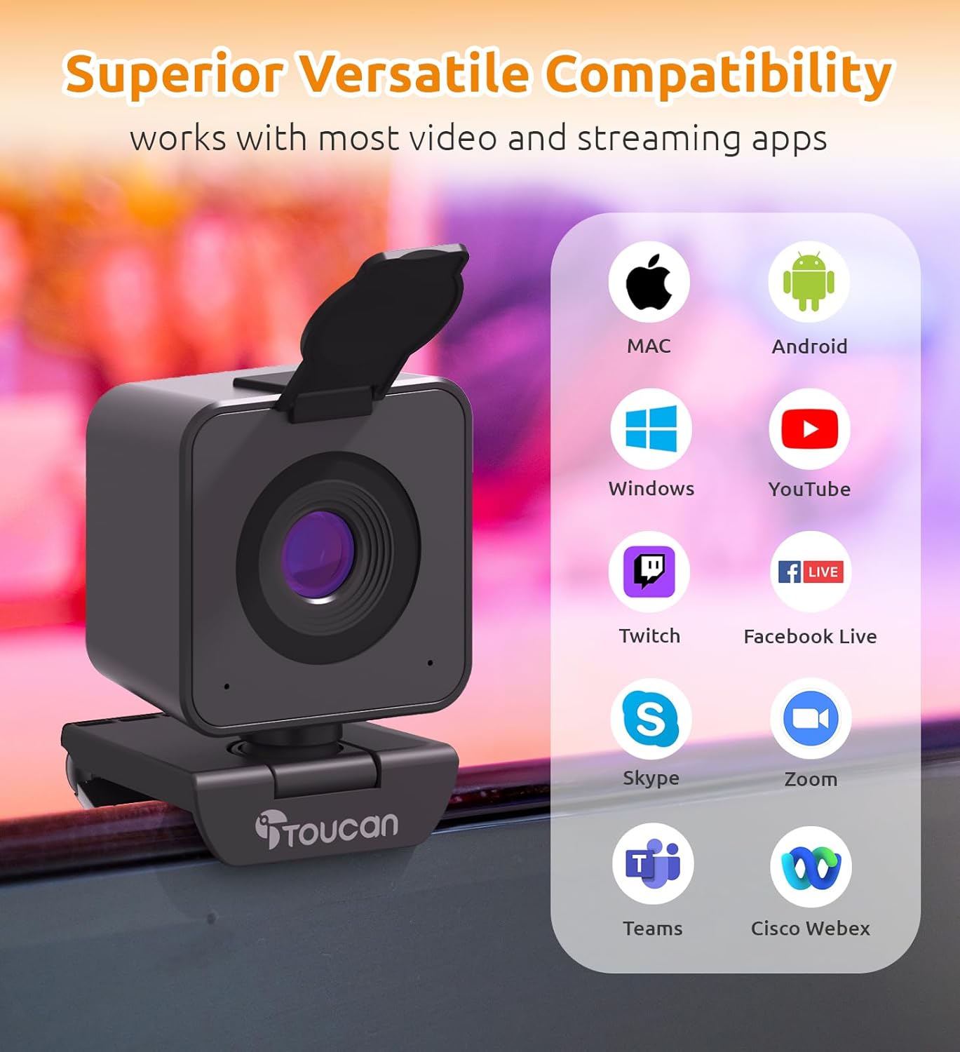 TOUCAN 1080P Webcam with Microphone, Noise-Canceling Mic, 90°FOV Computer Camera, Privacy Cover, Plug and Play USB Webcam for PC, Skype, Zoom, FaceTime, Laptop/MacBook/Tablet - Image 6